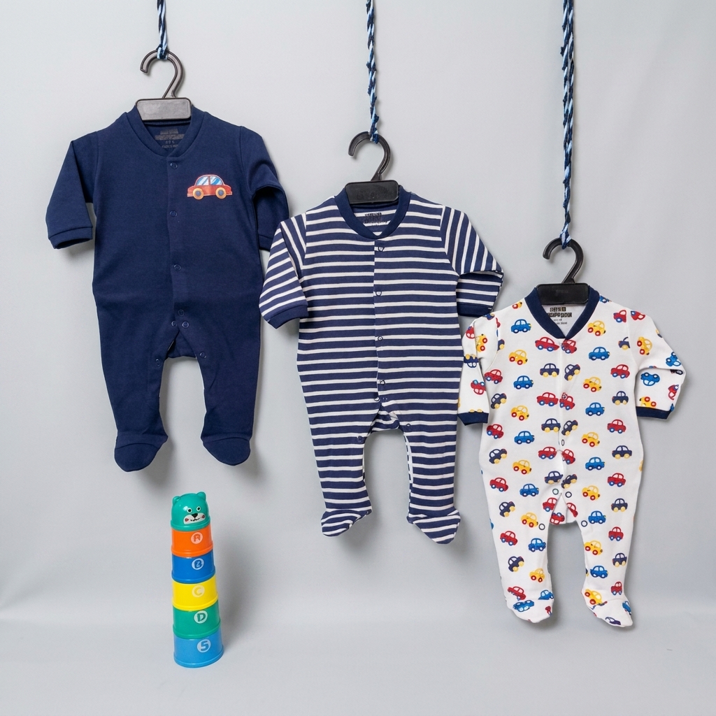 Navy Car Print Romper 3-Pack